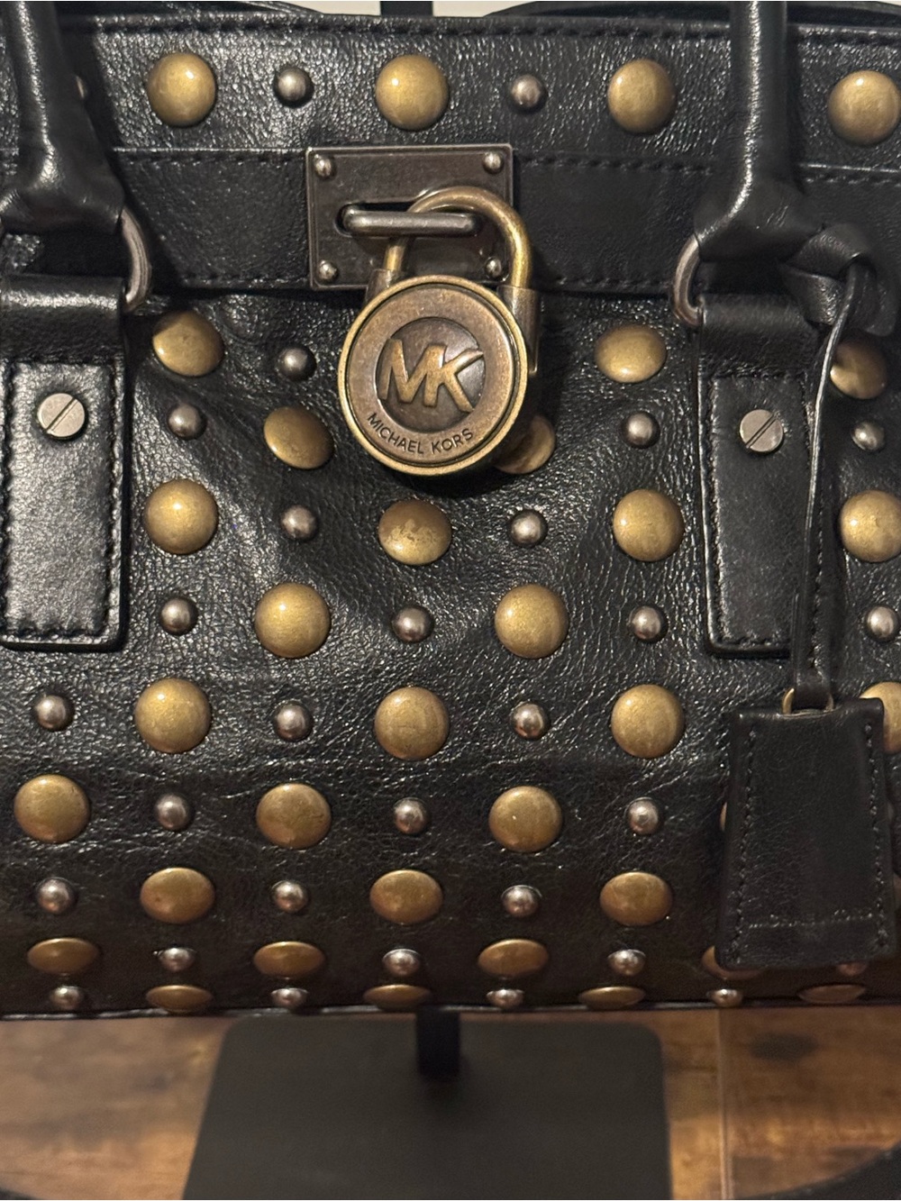 Michael Kors Black Leather Studded Satchel with Gold Accents - Picture 2 of 8